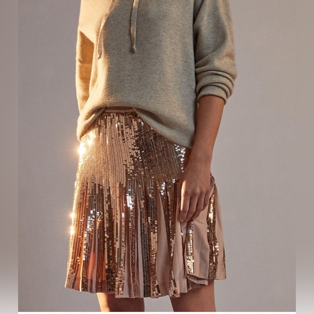 Anthropologie Bea Sequined Mini Skirt Pleated Gold size 4 - Picture 3 of 6